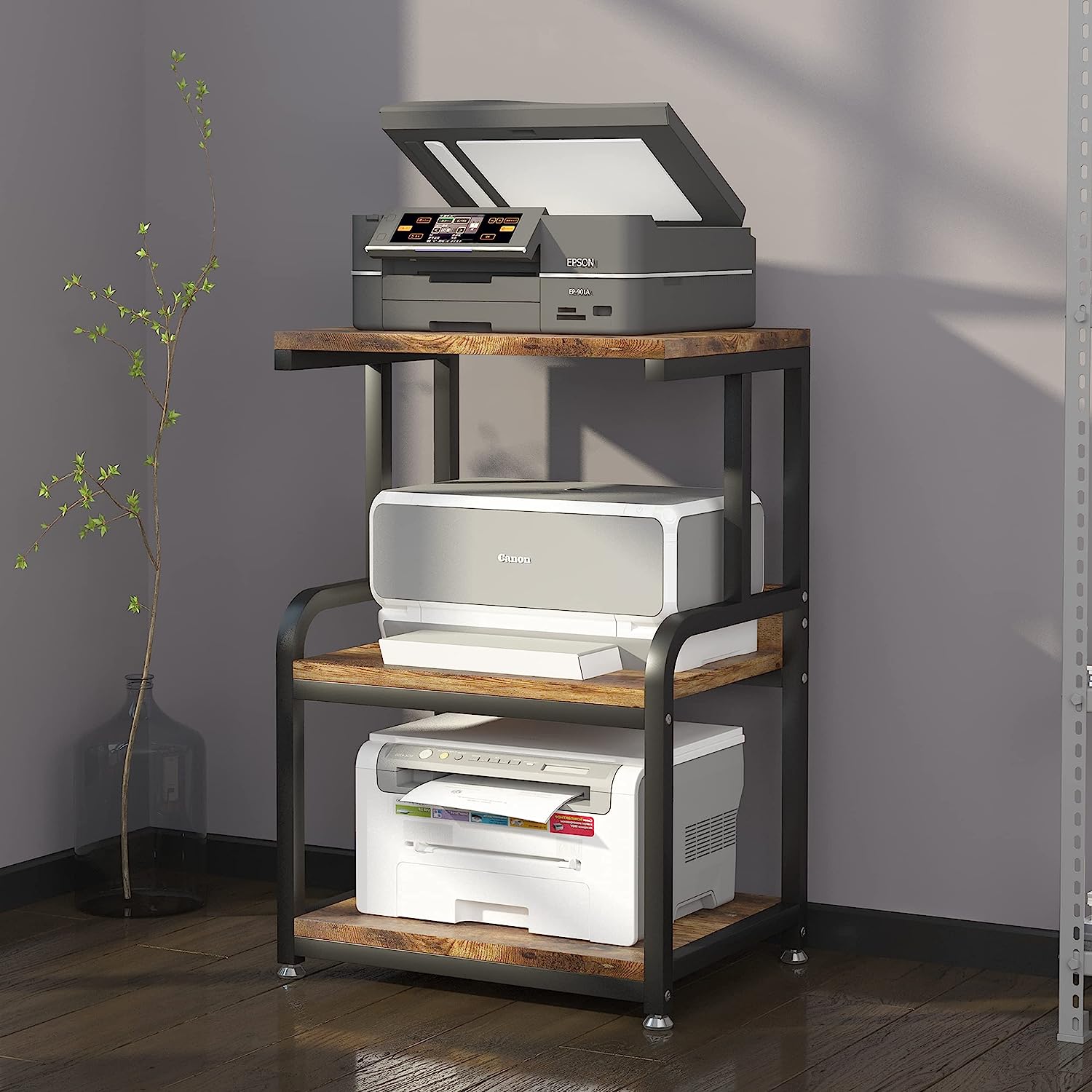 HOUYISHEYUE Home Printer Stand Vintage Printer Stand with 3 Tier Wood Storage Shelves Multi-Purpose Desk Organizer for Fax Machine, Scanner, Files, Books with Adjustable Anti-Skid Feet (Brown) - Image 6